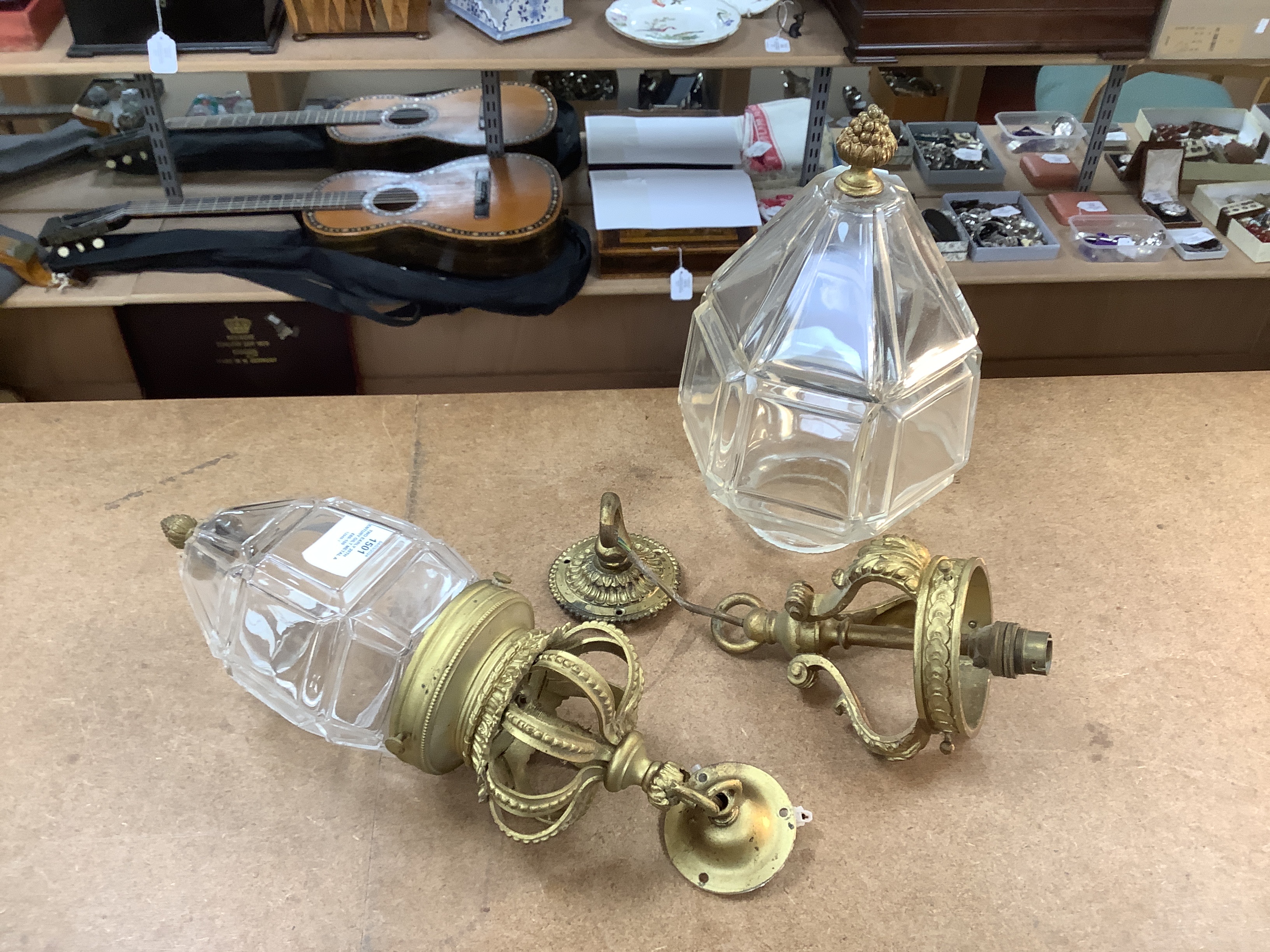 Two early 20th century gilt metal and art glass hall lanterns